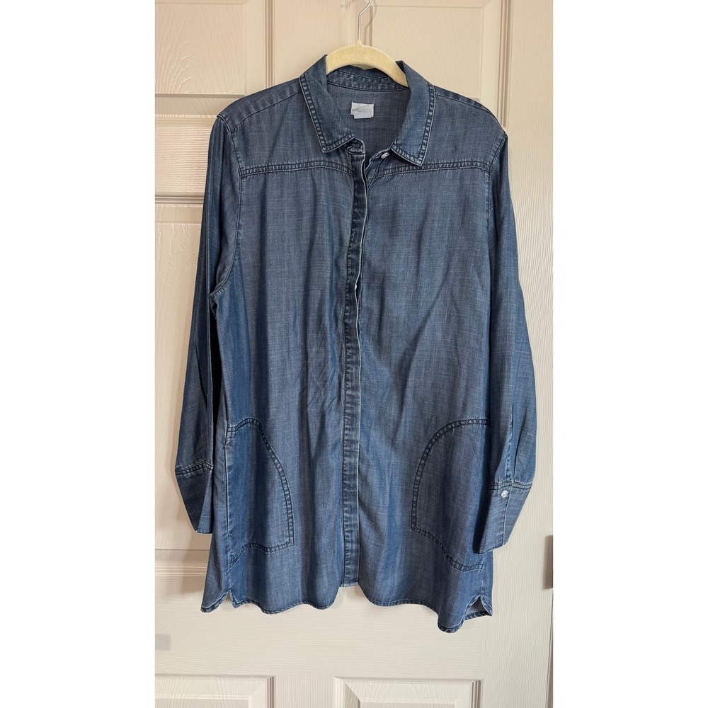Chico's Tunic Shirt 2 Blue Chambray Look Lyocell Button Up Long Sleeve Pocket